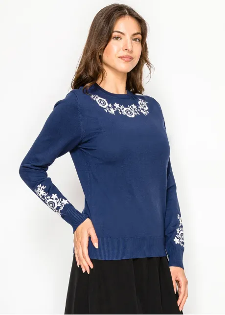 Deep Blue Knit with Framed Floral Embroidery