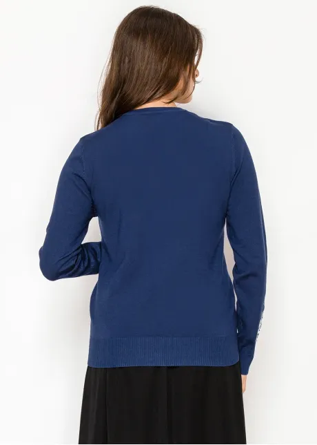 Deep Blue Knit with Framed Floral Embroidery