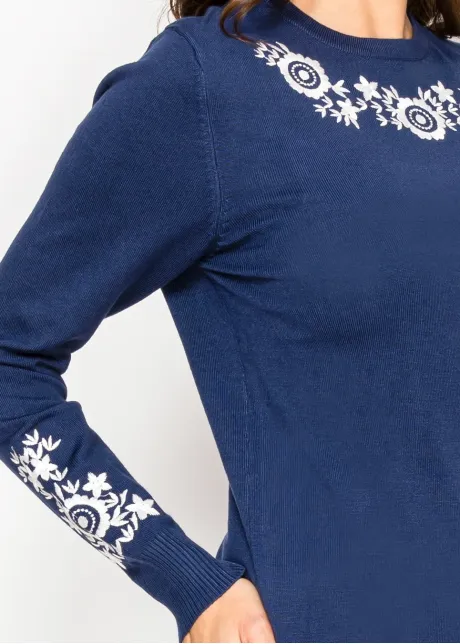 Deep Blue Knit with Framed Floral Embroidery