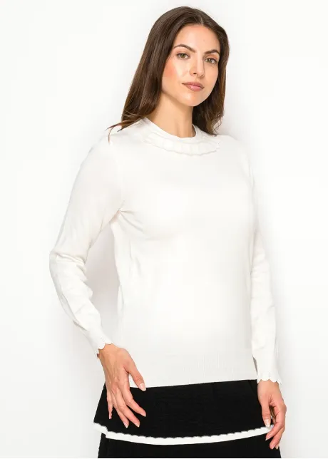 Soft White Knit Sweater with Scallop Trim