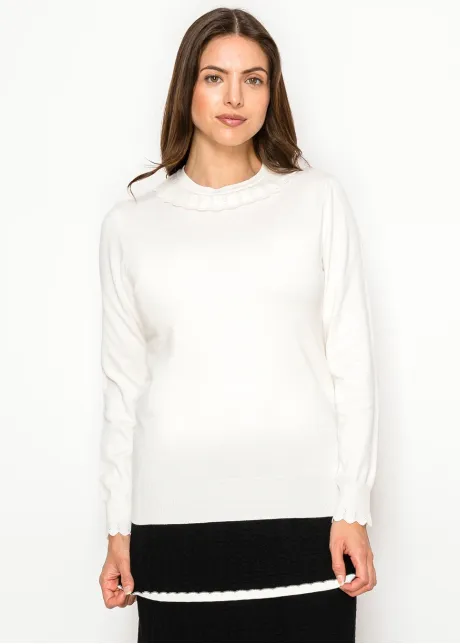Soft White Knit Sweater with Scallop Trim