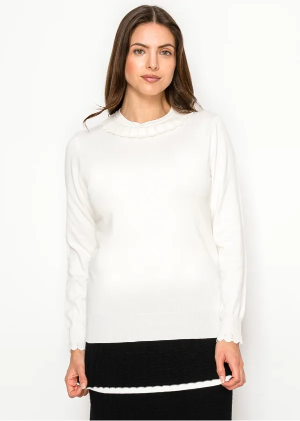 Soft White Knit Sweater with Scallop Trim