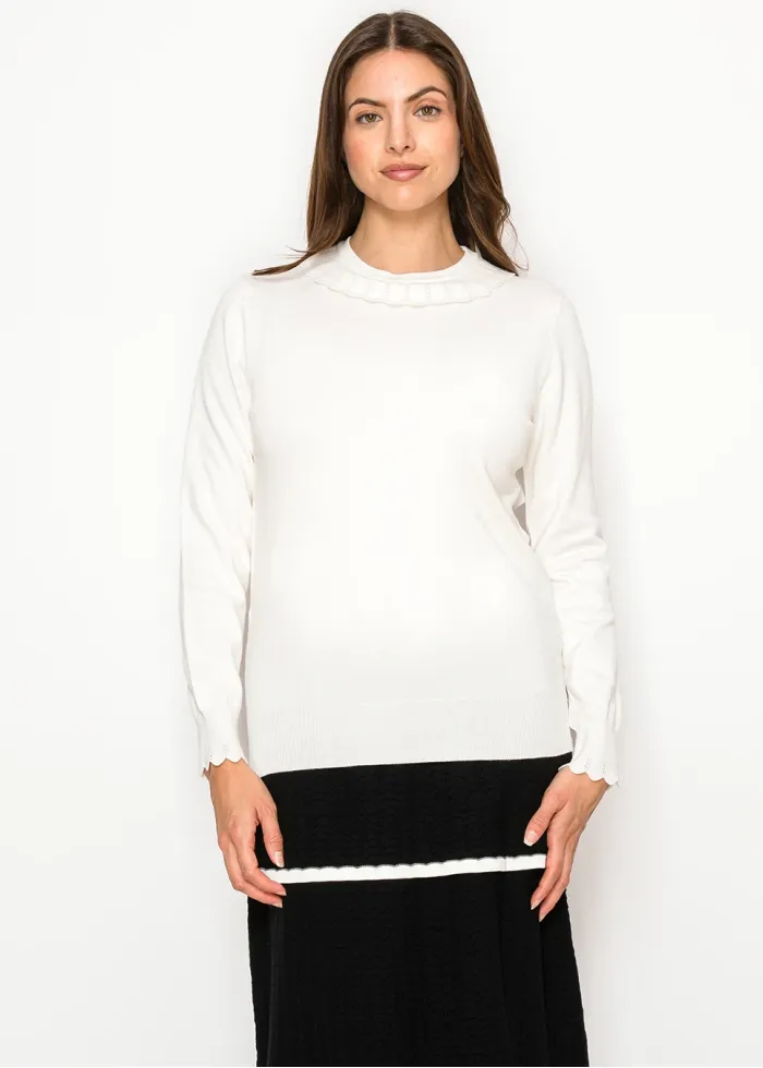 Soft White Knit Sweater with Scallop Trim