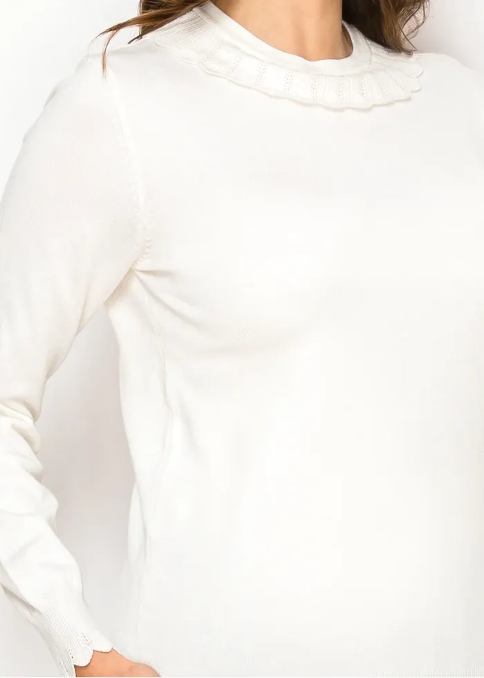Soft White Knit Sweater with Scallop Trim