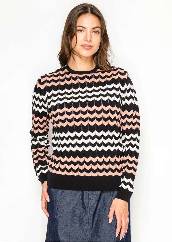 Chevron Stripe Sweater in Black & Pink