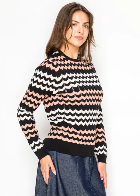Chevron Stripe Sweater in Black & Pink