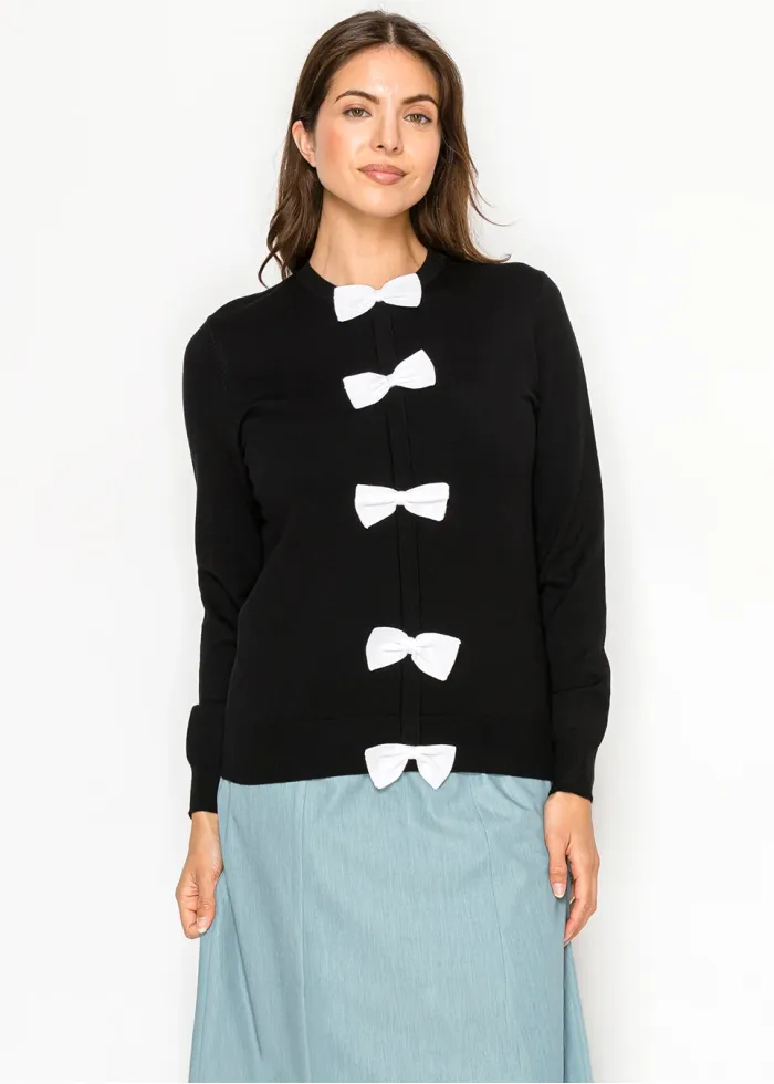 Black Sweater with White Bows Down Front