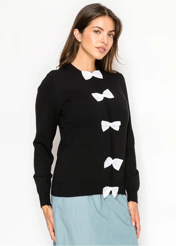 Black Sweater with White Bows Down Front