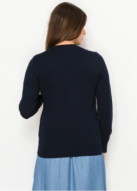 Navy Knit Sweater with Blue Bow Appliqués