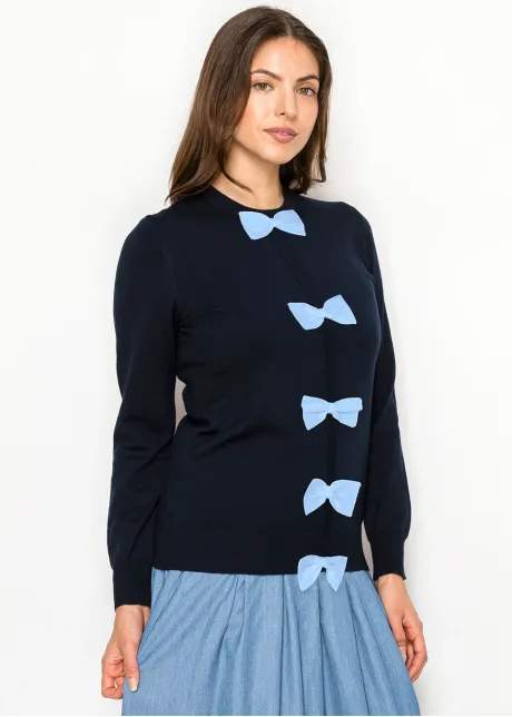 Navy Knit Sweater with Blue Bow Appliqués