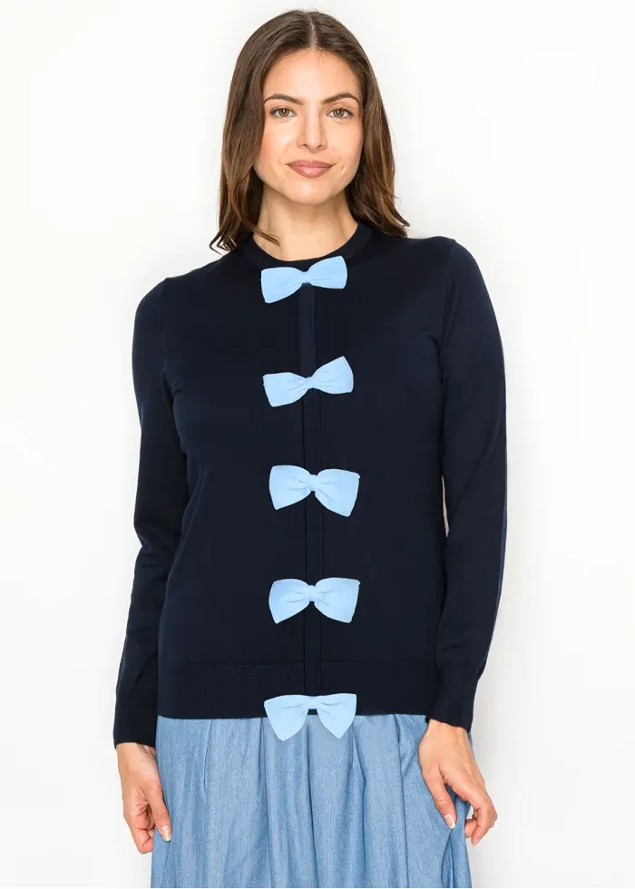 Navy Knit Sweater with Blue Bow Appliqués