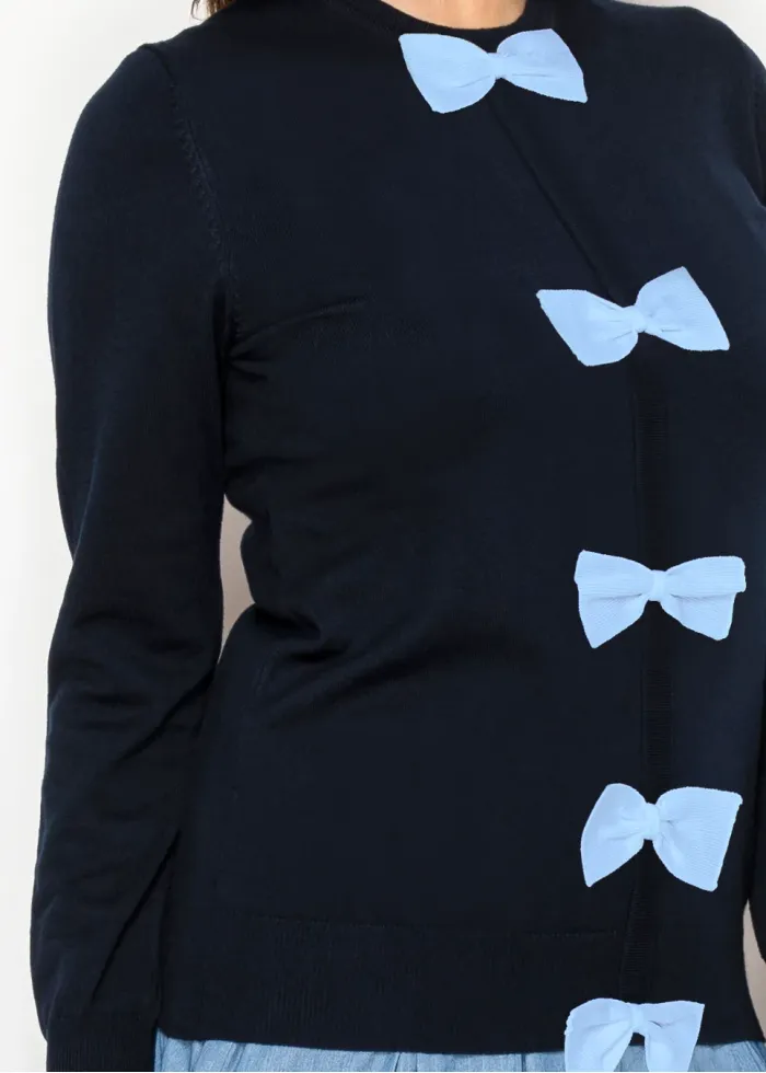 Navy Knit Sweater with Blue Bow Appliqués