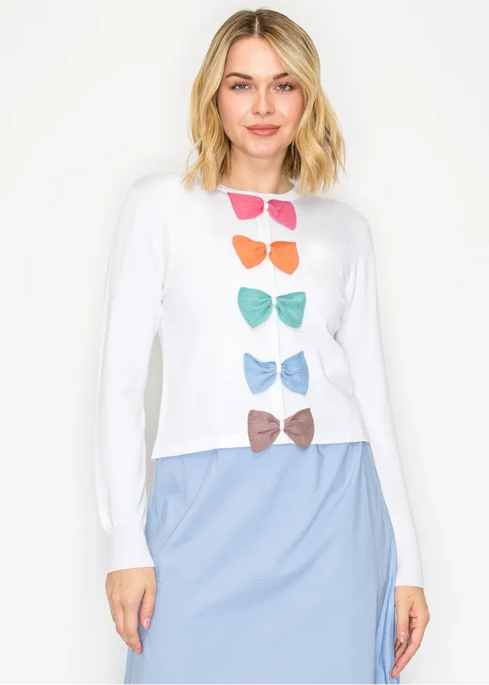 Rainbow Bow Detail White Knit Sweater