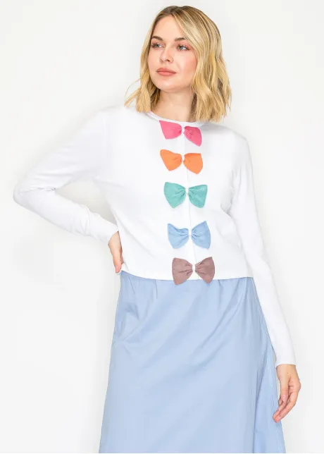 Rainbow Bow Detail White Knit Sweater