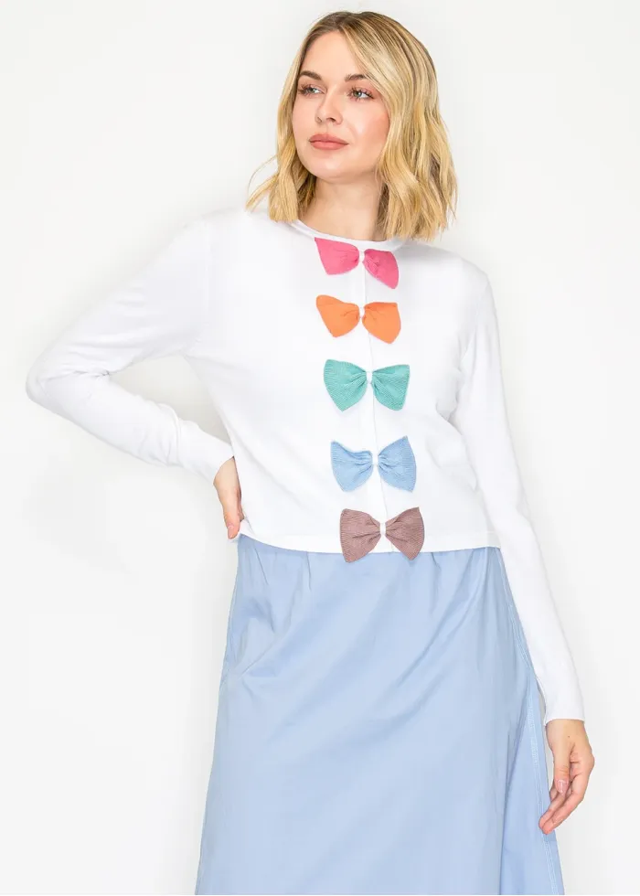 Rainbow Bow Detail White Knit Sweater