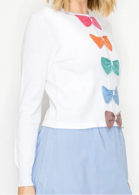 Rainbow Bow Detail White Knit Sweater