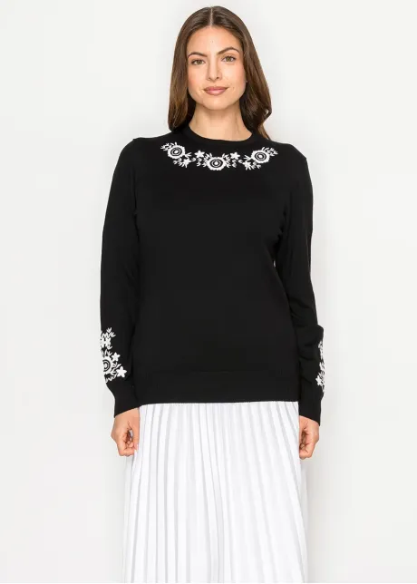 Floral Trim Black Knit Sweater