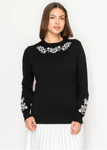 Floral Trim Black Knit Sweater