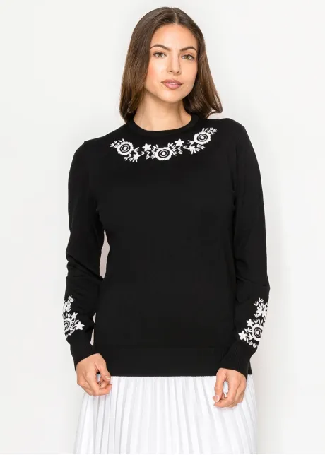Floral Trim Black Knit Sweater