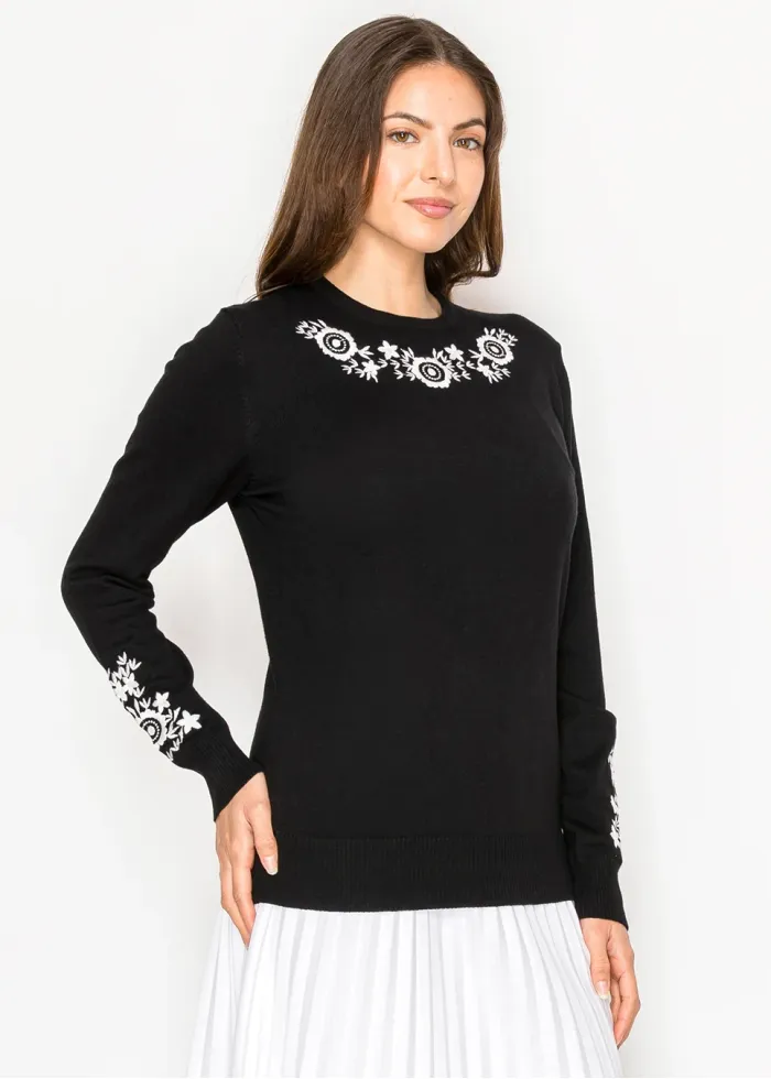 Floral Trim Black Knit Sweater