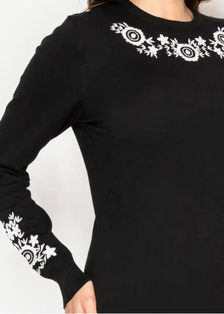 Floral Trim Black Knit Sweater