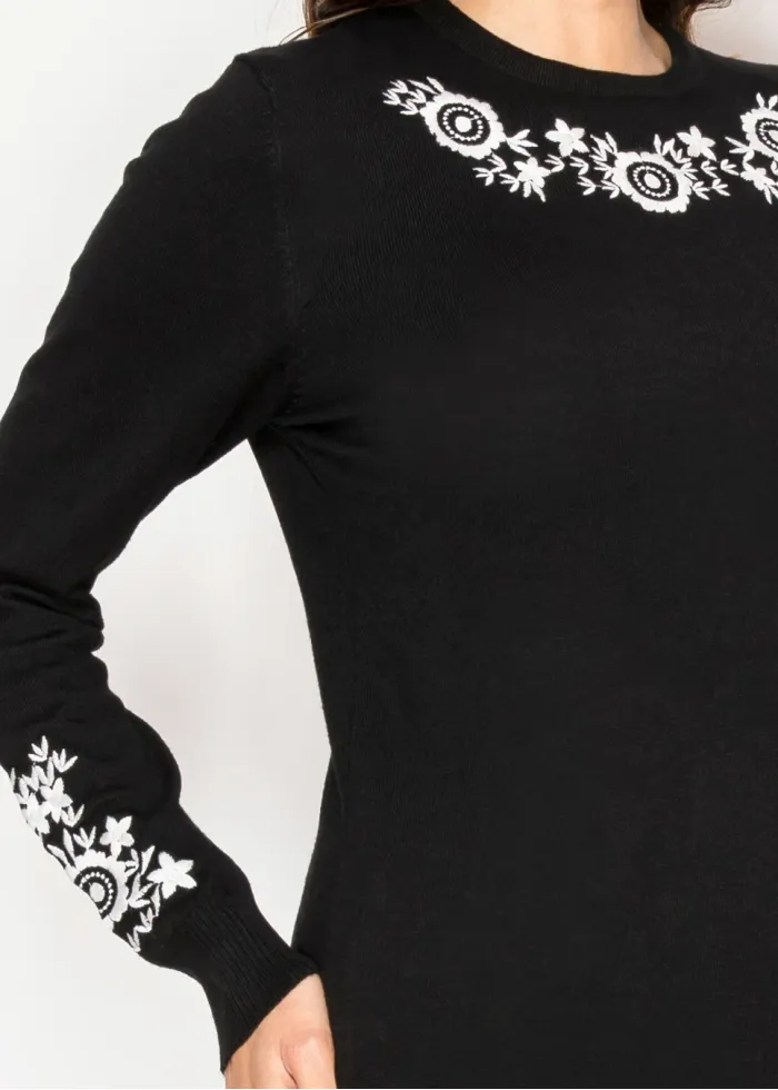 Floral Trim Black Knit Sweater