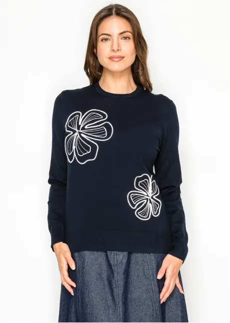 Navy Knit Top with Graphic Floral Embroidery