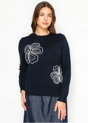 Navy Knit Top with Graphic Floral Embroidery