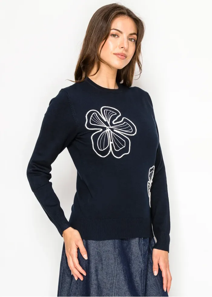 Navy Knit Top with Graphic Floral Embroidery