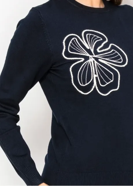 Navy Knit Top with Graphic Floral Embroidery