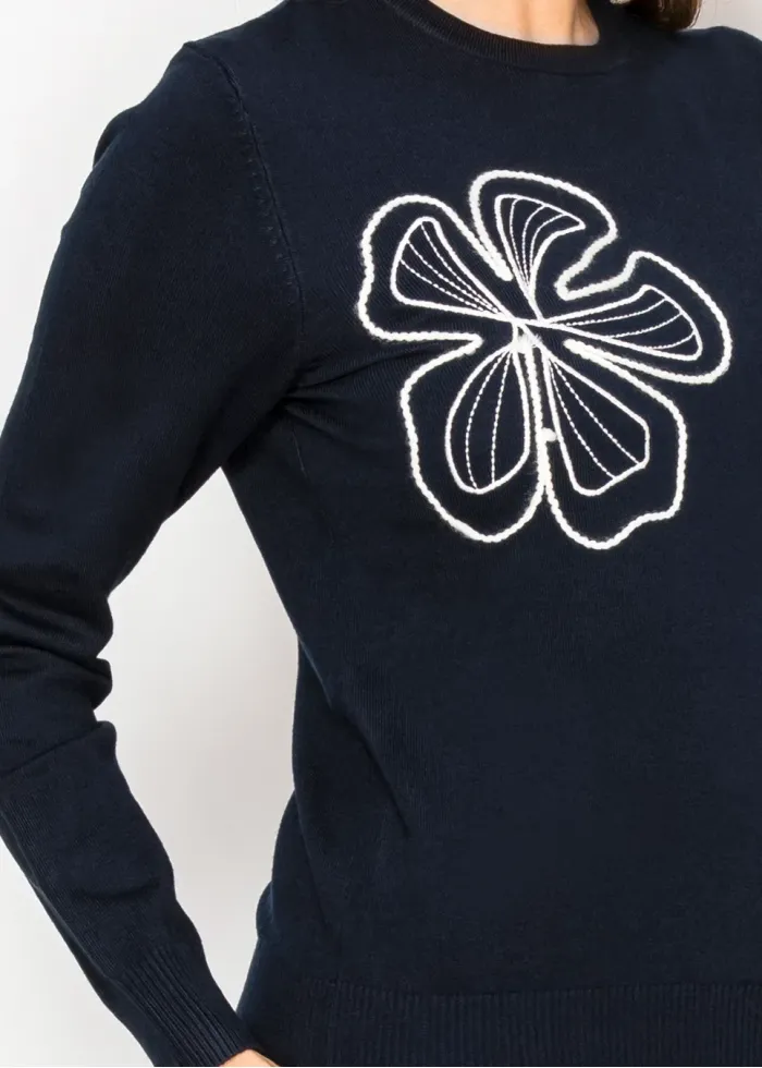 Navy Knit Top with Graphic Floral Embroidery