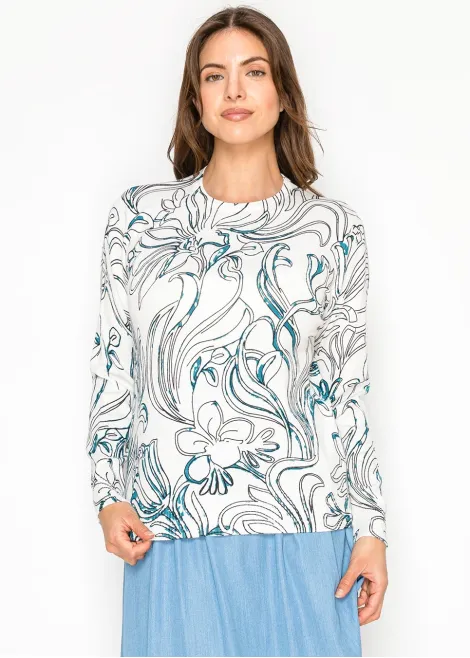 White Crew Neck Sweater — Painterly Floral Print