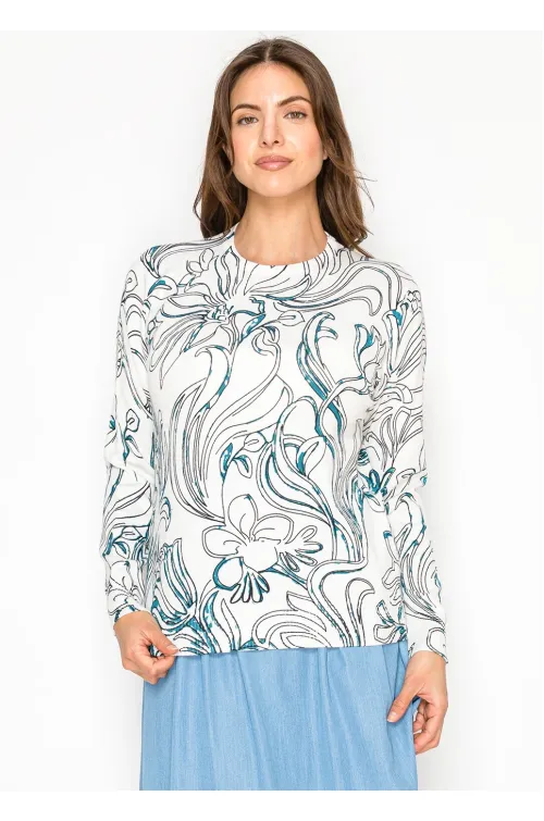 White Crew Neck Sweater — Painterly Floral Print