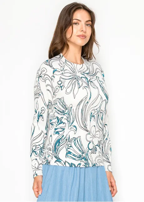 White Crew Neck Sweater — Painterly Floral Print