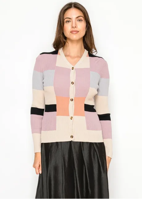 V-Neck Cardigan in Pastel Color Block