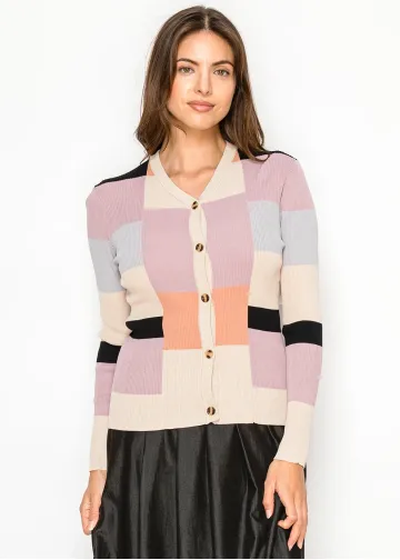 V-Neck Cardigan in Pastel Color Block