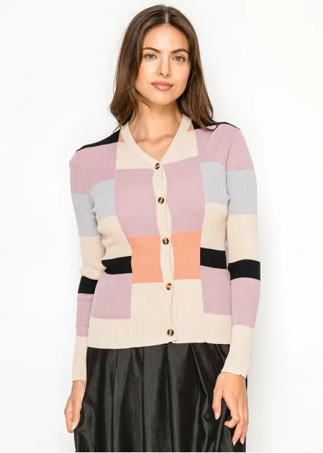 V-Neck Cardigan in Pastel Color Block