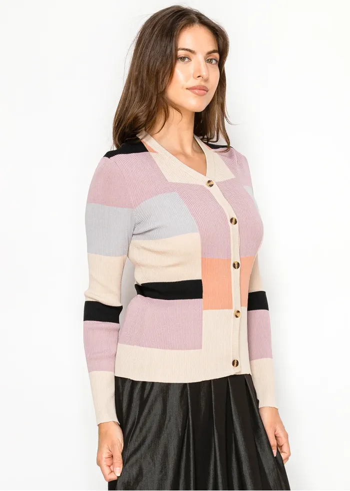 V-Neck Cardigan in Pastel Color Block
