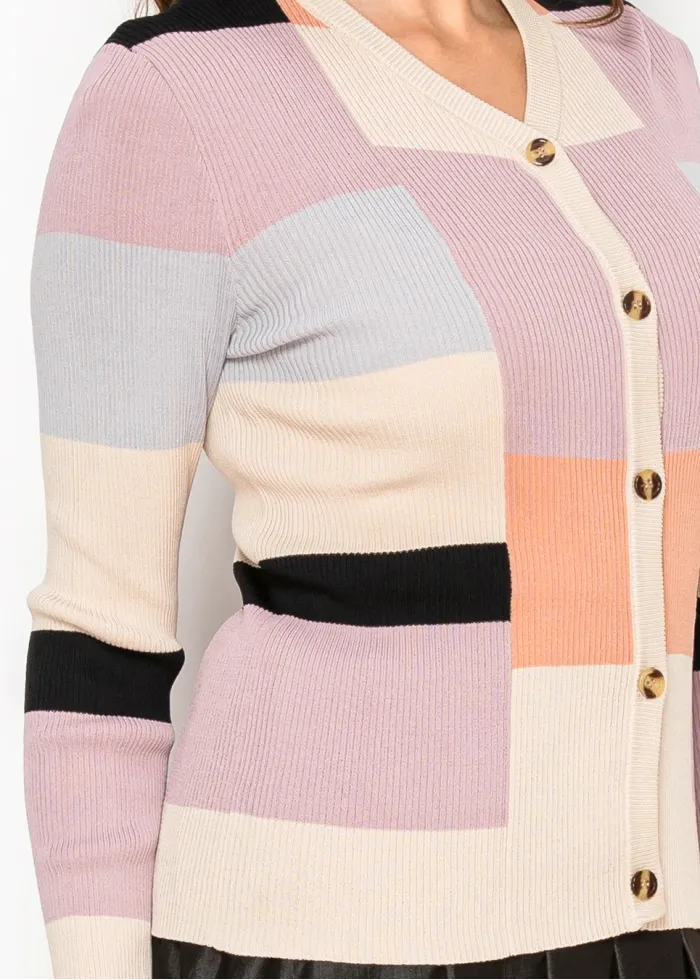 V-Neck Cardigan in Pastel Color Block