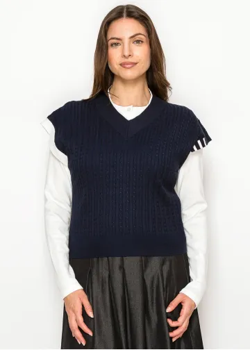Navy Cable Knit V-Neck Sweater Vest