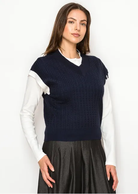Navy Cable Knit V-Neck Sweater Vest