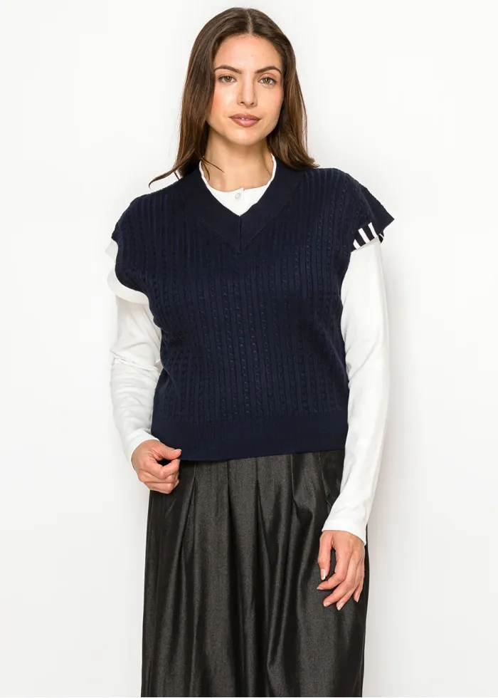 Navy Cable Knit V-Neck Sweater Vest