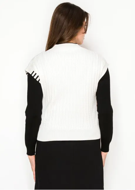 V-Neck Cable White Vest  — Black Side Panels