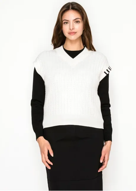 V-Neck Cable White Vest  — Black Side Panels