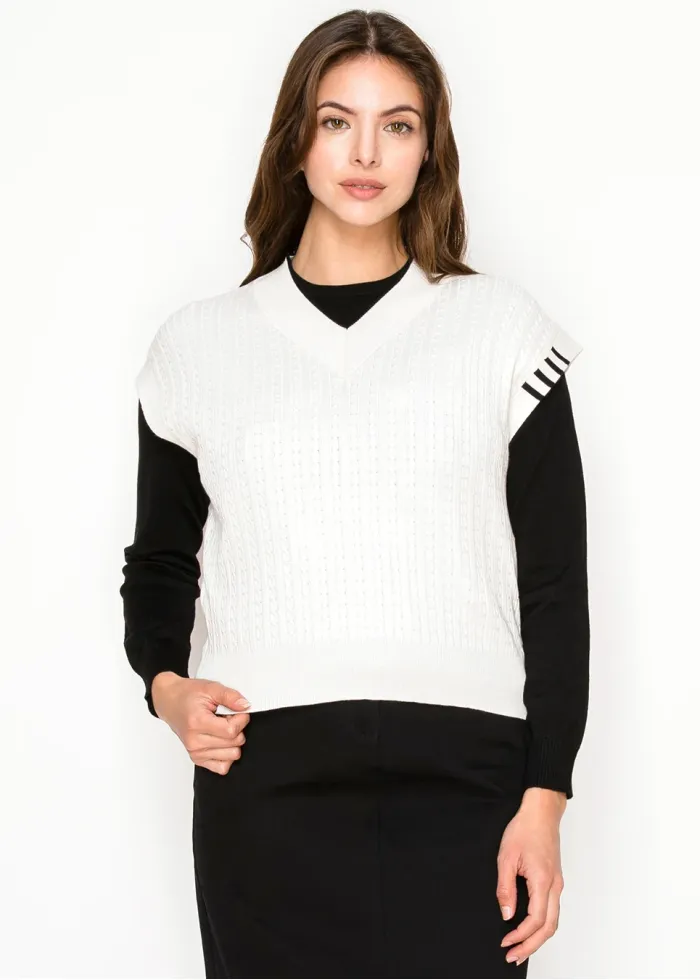 V-Neck Cable White Vest  — Black Side Panels