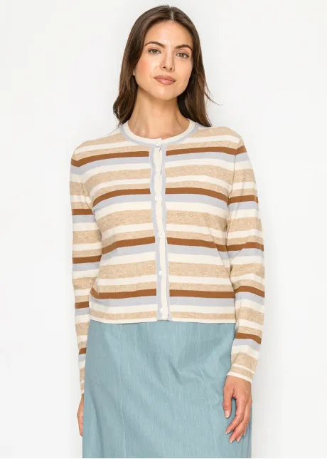 Beige Multi Stripe Textured Knit Cardigan
