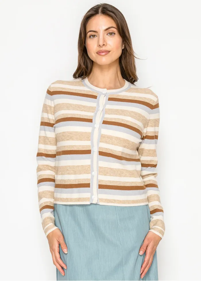 Beige Multi Stripe Textured Knit Cardigan