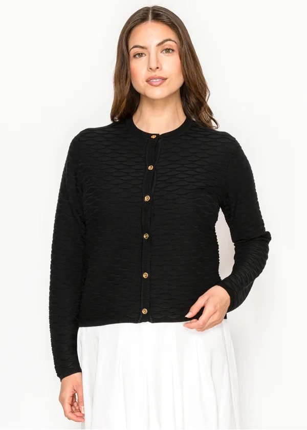 Black Textured Cardigan with Gold Buttons