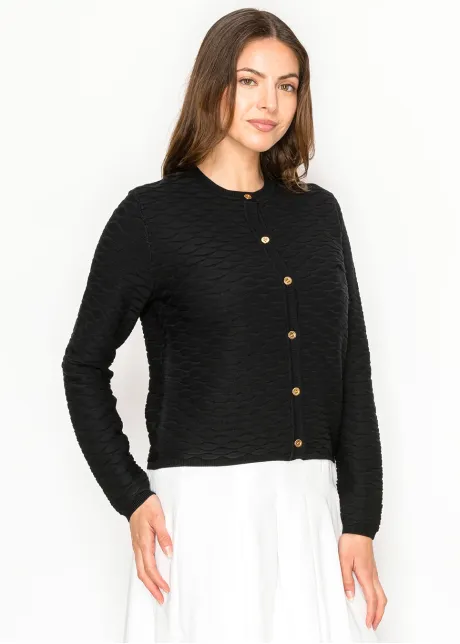 Black Textured Cardigan with Gold Buttons
