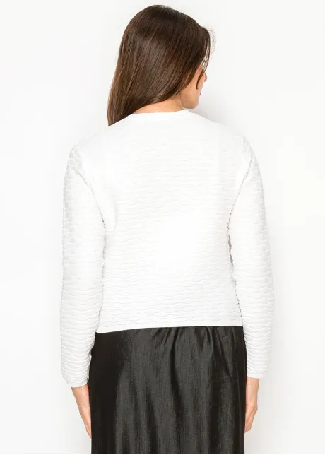 White Textured Knit Cardigan with Gold Button